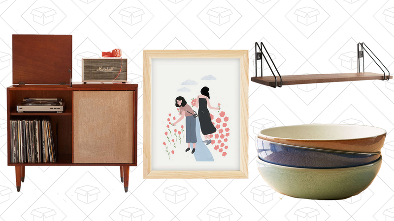 Draper Media Console, $223 | Tallulah Fontaine Sisters Art Print, $15 | Linus Wall Shelf, $47 | UO Essential Low Bowl, $8